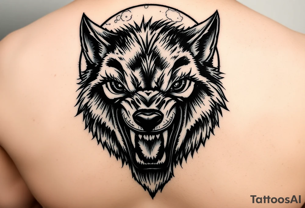 Close-up portrait of a snarling werewolf's face under a luminous full moon. tattoo idea