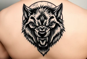 Close-up portrait of a snarling werewolf's face under a luminous full moon. tattoo idea