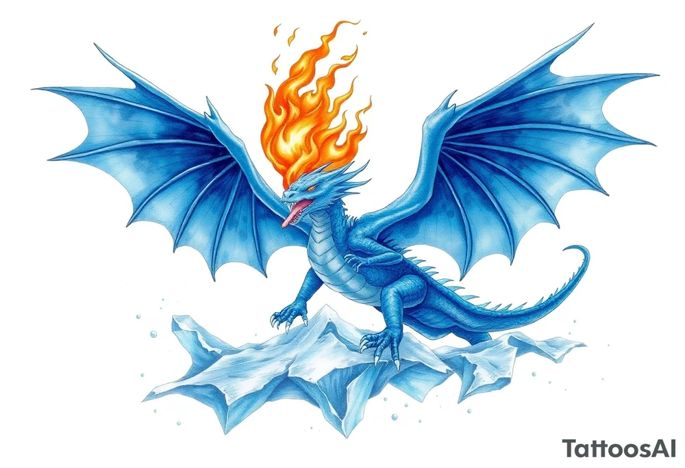 Blue fire breathing dragon with wings spread flying over ice tattoo idea
