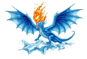 Blue fire breathing dragon with wings spread flying over ice tattoo idea