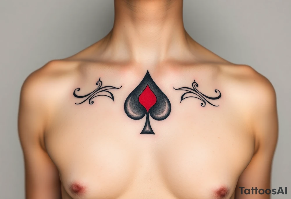 Cover up red spade outlines in black on woman's chest tattoo idea