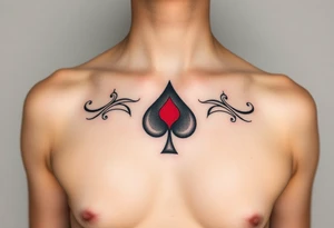 Cover up red spade outlines in black on woman's chest tattoo idea