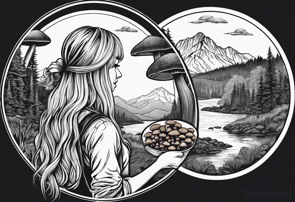 Whole picture encircled fully

Straight long blonde hair hippie girl in distance holding mushrooms in hand facing away toward mountains and creek surrounded by mushrooms long sleeve shirt and hiking pants; whole rendering within a full circle, no cut off circle tattoo idea