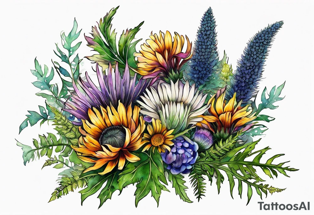 mixed wildflower bouquet with ferns, thistle and with watercolor to go along foot tattoo idea