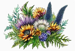 mixed wildflower bouquet with ferns, thistle and with watercolor to go along foot tattoo idea