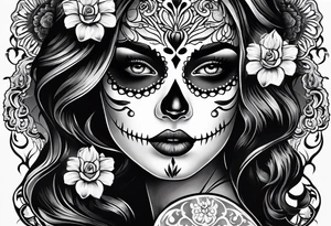ghostly, dark, woman's face, day of the dead, zoomed out, white border tattoo idea