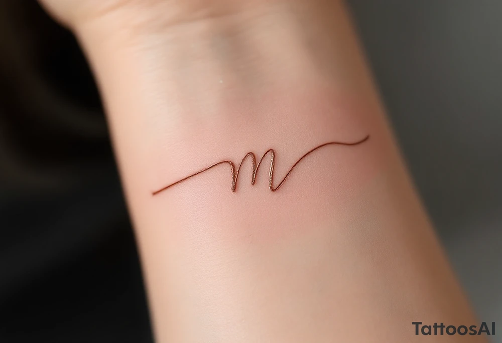 A delicate "M" in soft rose gold cursive, resembling handwritten calligraphy. tattoo idea
