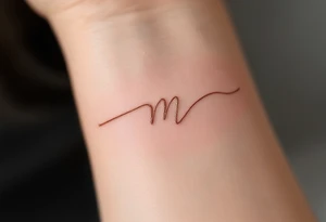A delicate "M" in soft rose gold cursive, resembling handwritten calligraphy. tattoo idea
