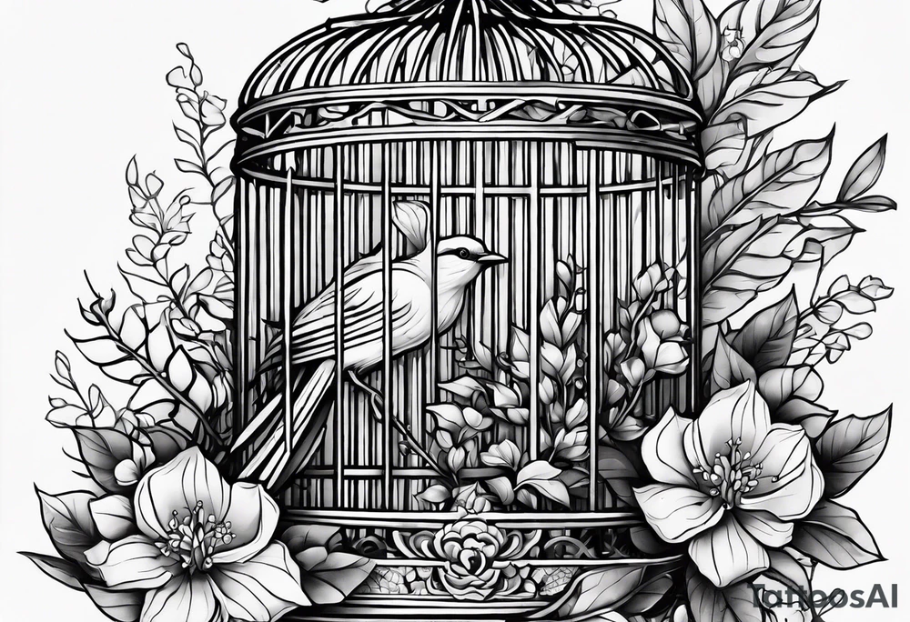 neo traditional foliage and flowers only on the left side, on the top of a long bird cage tattoo idea