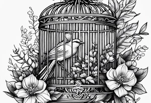 neo traditional foliage and flowers only on the left side, on the top of a long bird cage tattoo idea