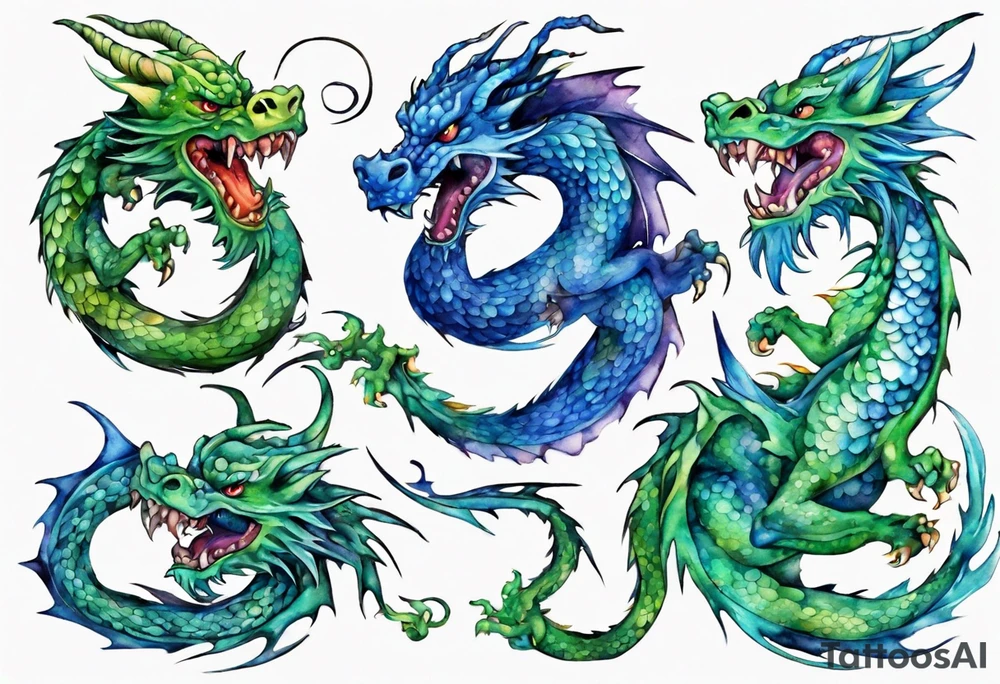 blue dragon tangled with a green dragon tattoo idea