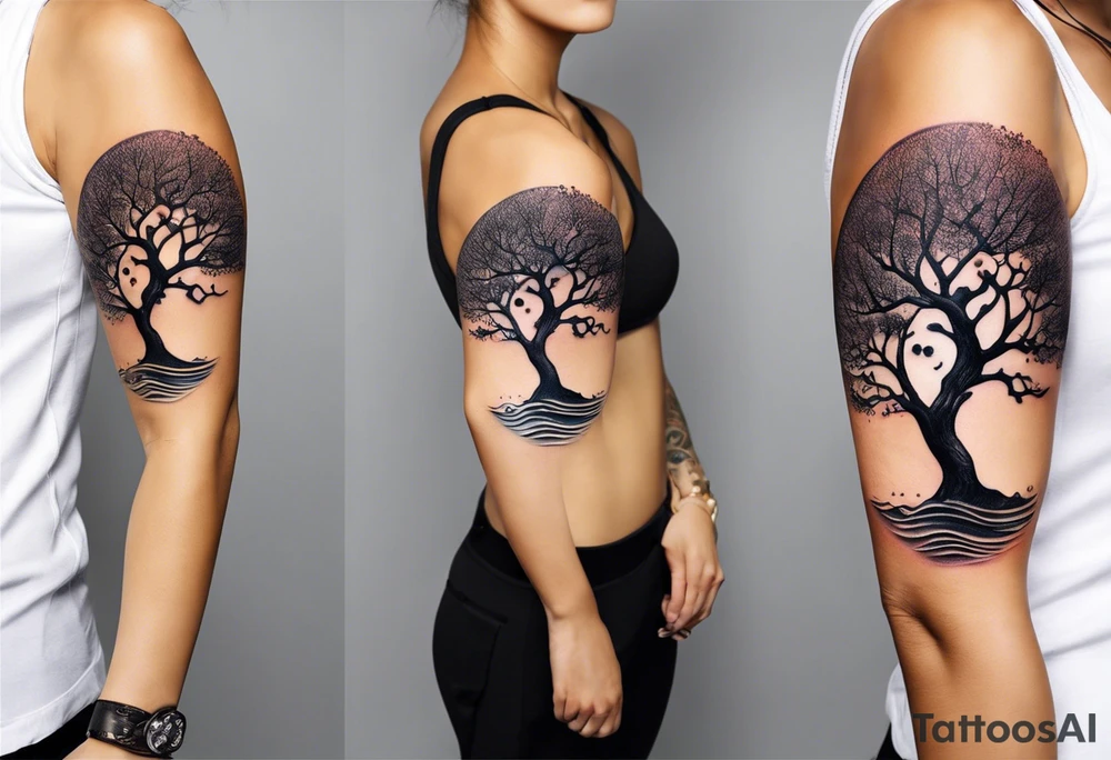 A tattoo of an abstract Tree of Life tattoo to be placed directly on the bicep of a woman. It can wrap around the arm a little. It should have roots growing out of the bottom. The roots slowly turn into water from the Great Wave by Hokusai. A golf flag should be placed discreetly growing out of the ground. 2 license plate tags should be hanging from the tree. Place a few music notes in the areas the leaves should be. The letters A U should be engraving into the tree trunk in a heart. Not inside a circle. The overall shape of the tattoo should be organic. Black and white only. tattoo idea