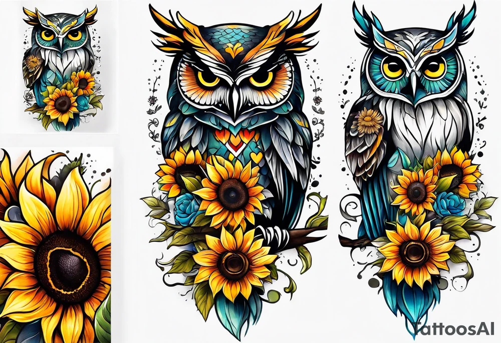 Leg sleeve with colorful sunflowers and an owl tattoo idea