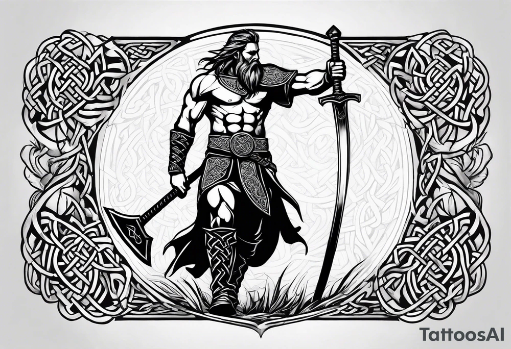 Full body side profile of
Celtic warrior with an axe in one hand and a sword in the other walking into battle tattoo idea