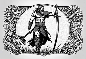 Full body side profile of
Celtic warrior with an axe in one hand and a sword in the other walking into battle tattoo idea
