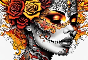 Woman orange yellow red inhaling smoke skull showing through skin tattoo idea