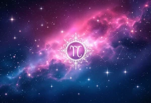 A pink and navy ombré sky holds the Cancer constellation with a silver zodiac glyph glowing at its center. tattoo idea