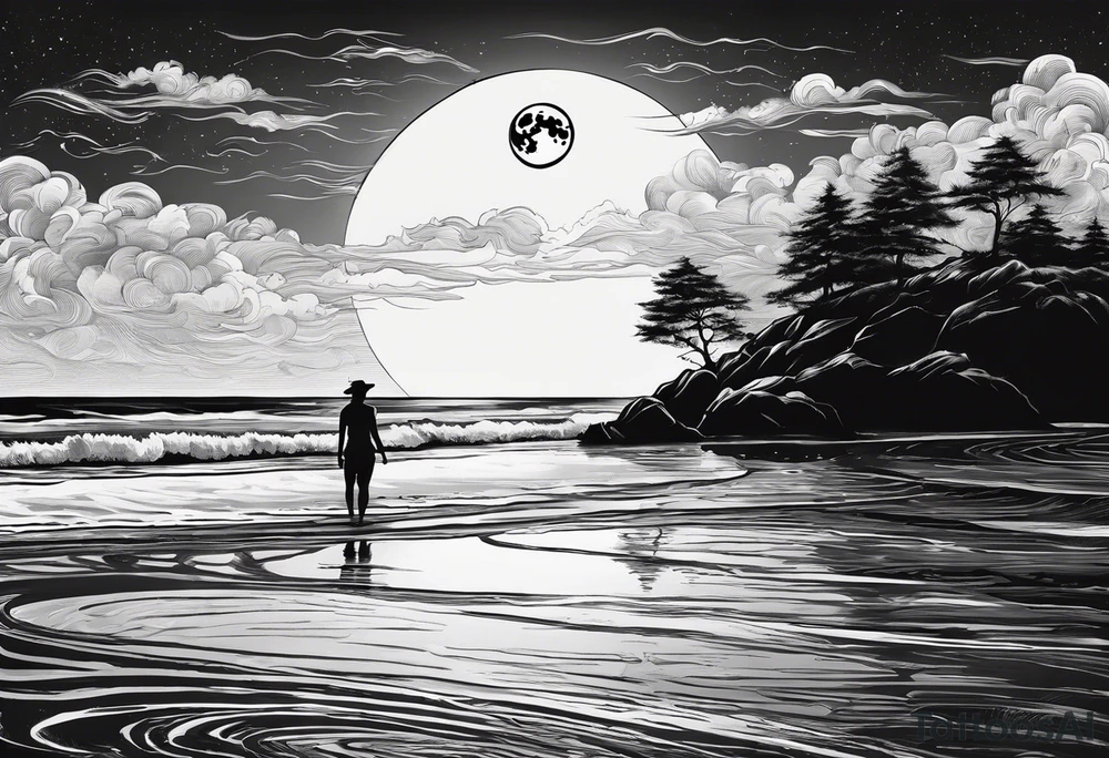 Silouhette of two people on beach water with moon tattoo idea