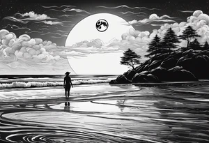 Silouhette of two people on beach water with moon tattoo idea