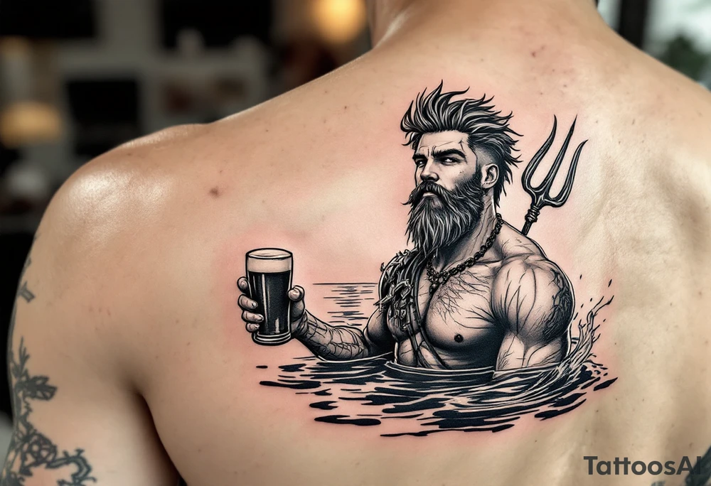 young, happy, fit, short hair, poseidon in calm water, holding a trident, drinking a beer, with sunset, with ski boat tattoo idea