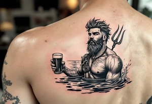 young, happy, fit, short hair, poseidon in calm water, holding a trident, drinking a beer, with sunset, with ski boat tattoo idea