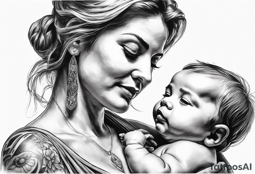 chest tattoo : 
mom and baby son statue tattoo idea