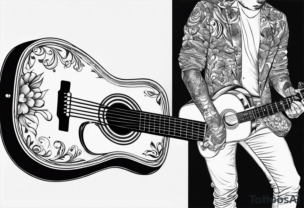music and guitar and baby footprints tattoo idea