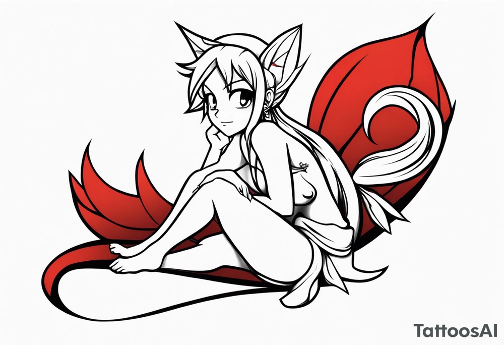 A fairy with a tail inspired by the logo of the anime show called Fairy Tail in a fetal position leaning in tattoo idea