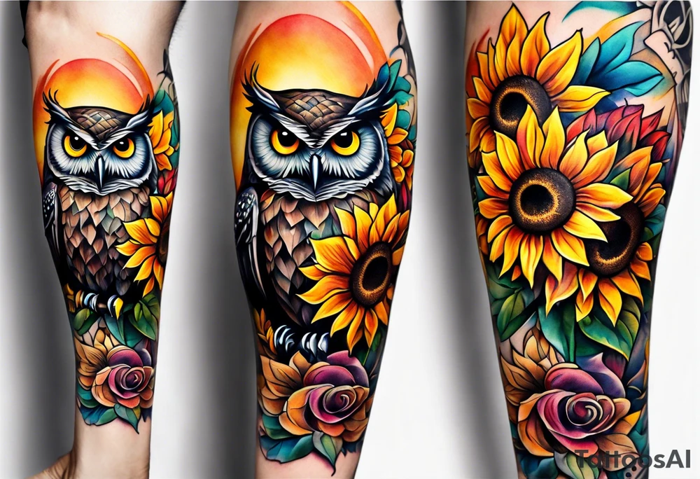 Leg sleeve with colorful sunflowers and an owl tattoo idea