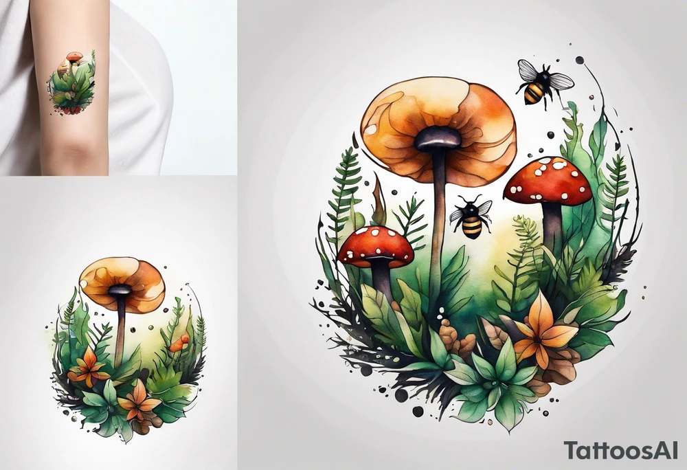 forest floor inspired minimalist tattoo, which includes grass, curly ferns, moss and dead leaves as the bulk of the tattoo. details to include: forest berries, a tiny bumblebee flying nearby, three small brown mushrooms
Generate a vertically long one tattoo idea