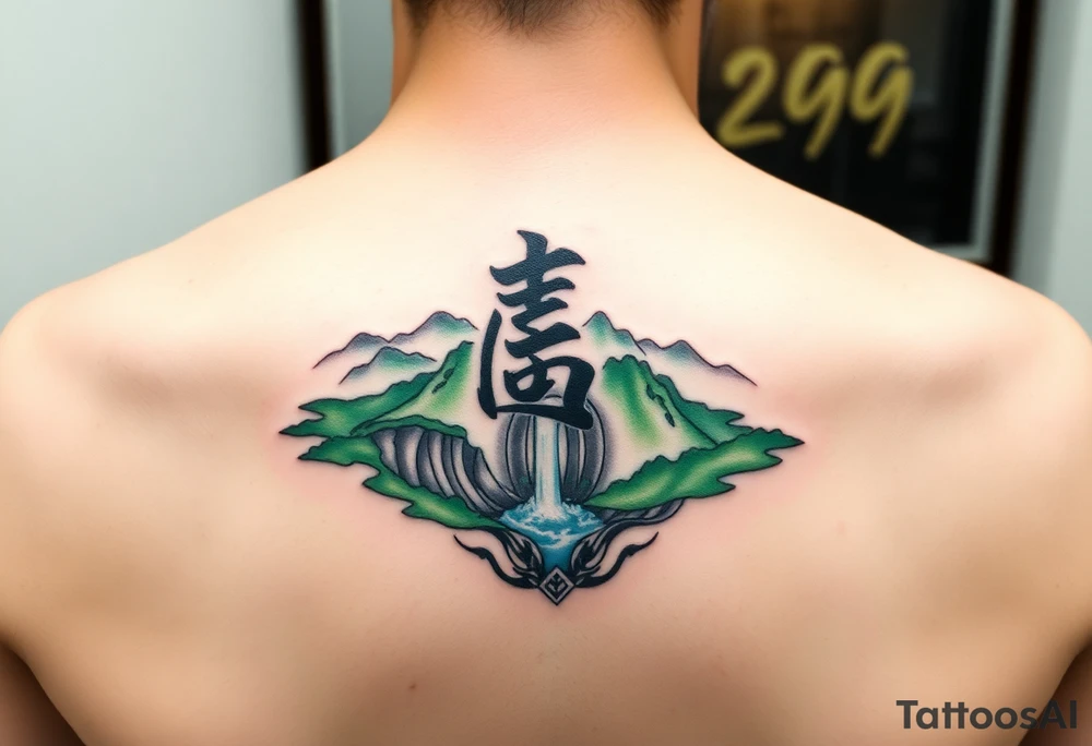 သား  surrounded by a colorful green mountainside with a waterfall tattoo idea