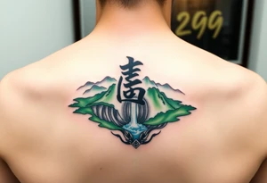 သား  surrounded by a colorful green mountainside with a waterfall tattoo idea