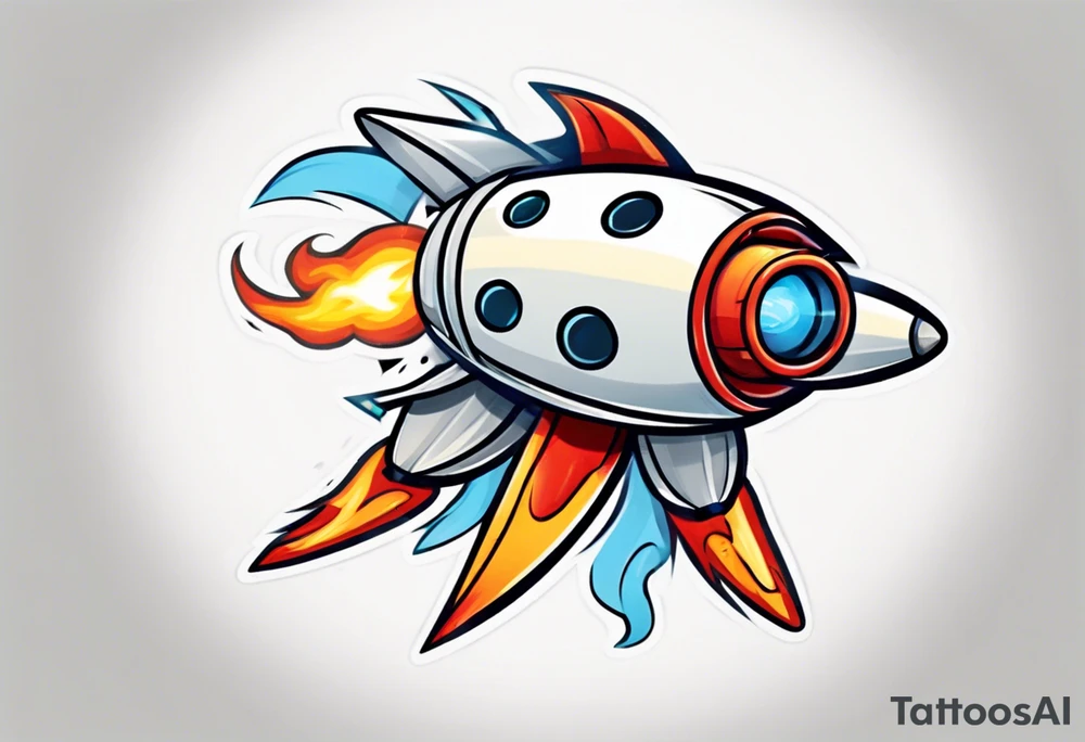 Super simple cartoon rocket ship with a round window, 3 fins, and fire coming out the bottom

Add some shading, color, and detail to make less basic - no blue tattoo idea