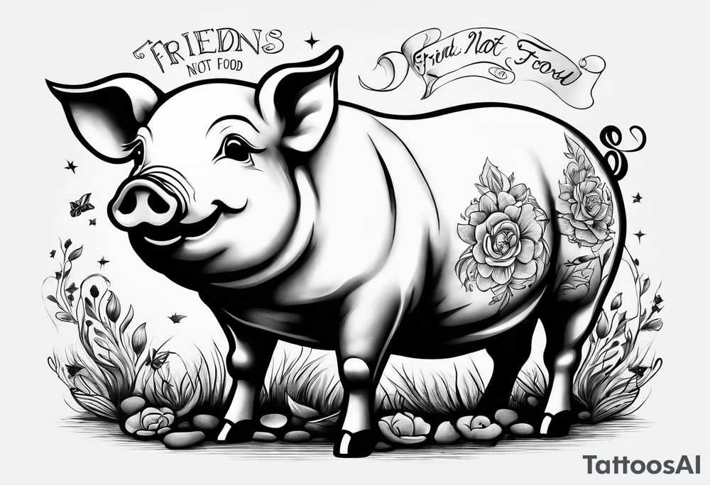 cute pig or piglet.
with text: "friends not food" tattoo idea