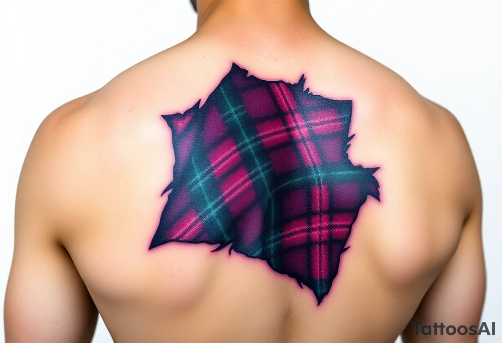 Dark Purple with green pink blue and white highlights tartan fabric with skin around edges peeling and wrapping around side of shoulder tattoo idea