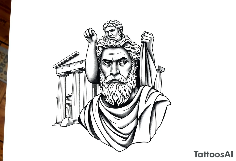 greek philosopher statue with masculine Fram in front of old broken greek buildings, forearm tattoo idea