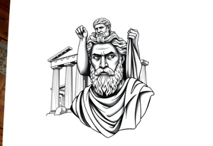 greek philosopher statue with masculine Fram in front of old broken greek buildings, forearm tattoo idea