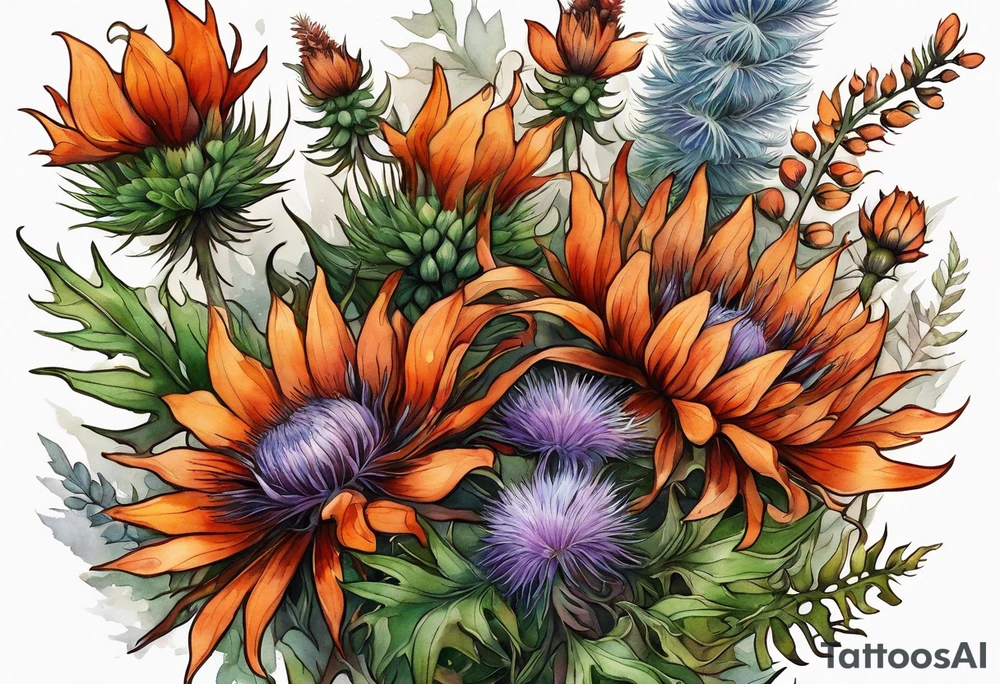 cascading wildflowers with thistles, ferns, burnt orange flowers all in color tattoo idea