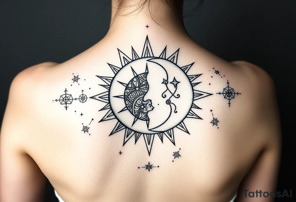celestial sun and moon embrace with constellation patterns tattoo idea celestial sun and moon embrace with constellation patterns tattoo idea