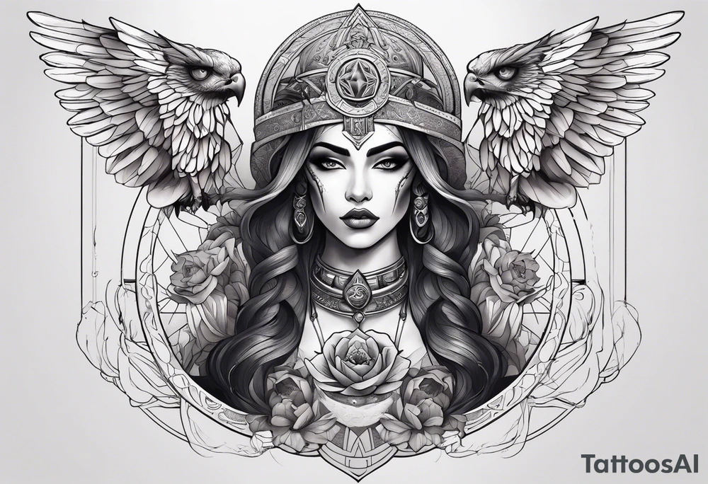 kali ma, alien goddess, valkrye, aries, pirate, divine feminine, zenza resonance, pachamama, lotus azul, blank panther, eagle, skull, 5D, nueva gaya, dna 12, left side chest tatoo tattoo idea