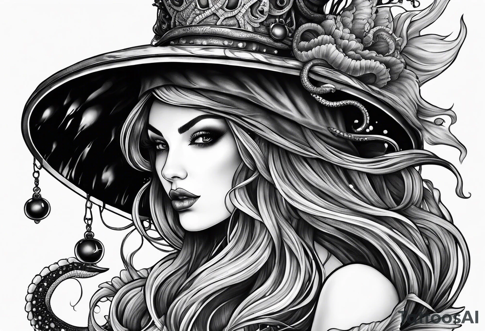 a sea witch with tentacles holding an umbrella tattoo idea