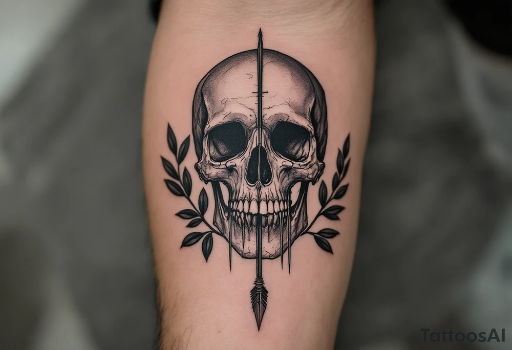 a skull whose head would be pierced by needles under the head go a long an  arrow and surrounded by a olive tree leaf around tattoo idea