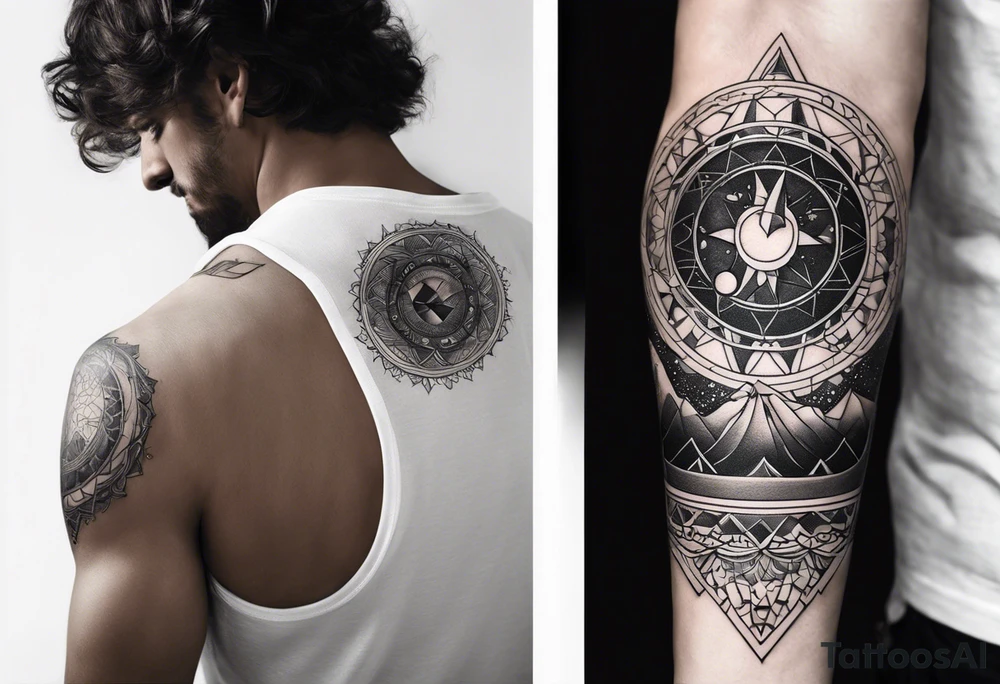 A tattoo on a males arm which has a straight black band but stops in the middle which has an imagine of the zodiac Aquarius. tattoo idea
