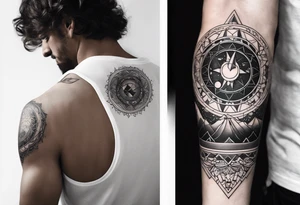 A tattoo on a males arm which has a straight black band but stops in the middle which has an imagine of the zodiac Aquarius. tattoo idea