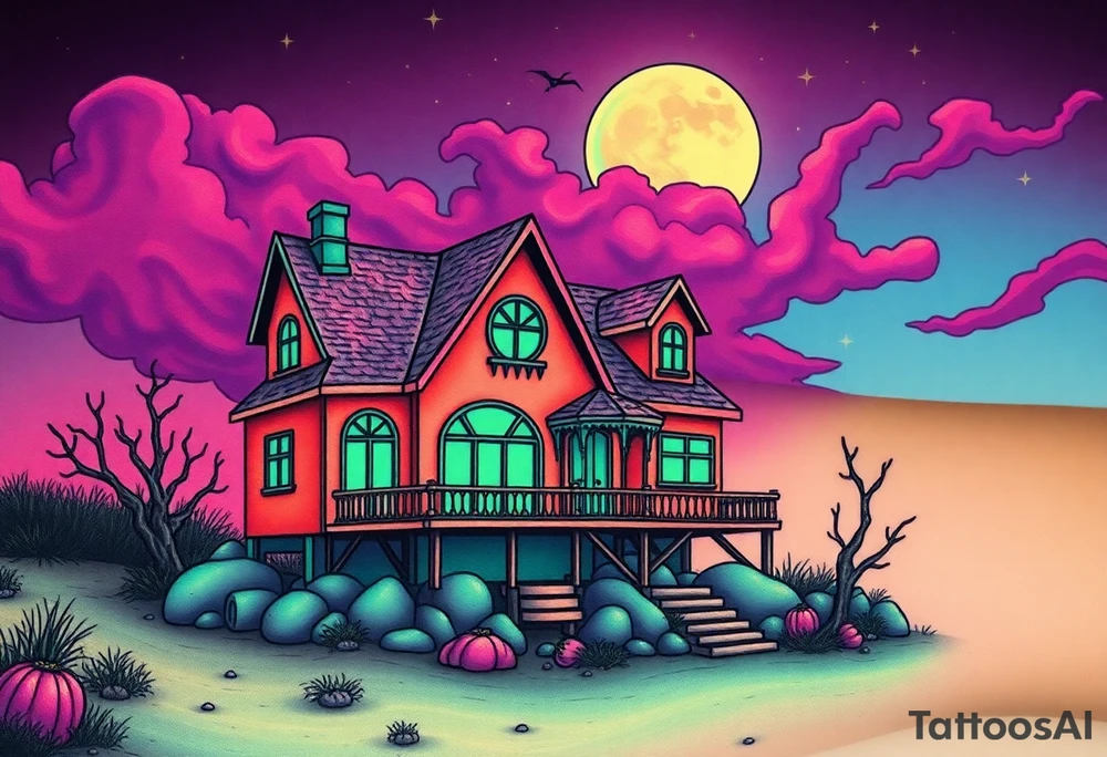 Tim Burton’s haunted pastel beach home is abandoned and dripping with muted reds, dusty pinks, and eerie green glow.purple and cyan smokey clouds swirl in the crescent moonlit sky thats sprinkled with stars tattoo idea tattoo idea