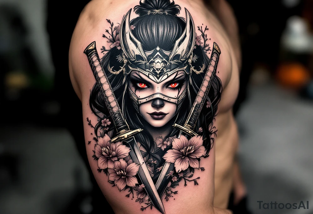 Woman samurai with red eyes wearing an half and broken kitsune mask, holding 
two katana and Sakura flowers ornement tattoo idea