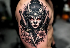 Woman samurai with red eyes wearing an half and broken kitsune mask, holding 
two katana and Sakura flowers ornement tattoo idea