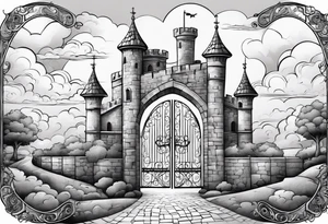 sky medieval town garden with towers small houses gate entrance clouds
 in twisted  vignette tattoo idea