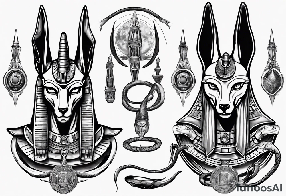 Egyptian god Anubis' head with snakes next to him in the desert tattoo idea