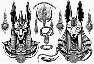 Egyptian god Anubis' head with snakes next to him in the desert tattoo idea